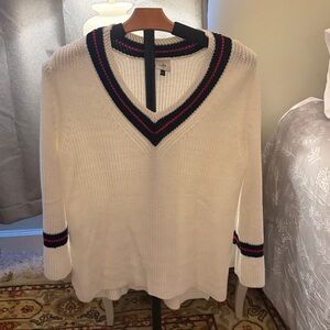 CAbi White V-Neck Sweater with Navy and Red Trim